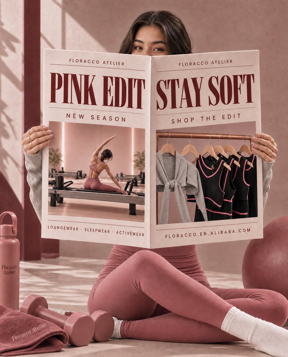 Floracco Atelier Pink Edit campaign: a model holds an open lookbook spread reading Pink Edit on a dusty rose studio floor