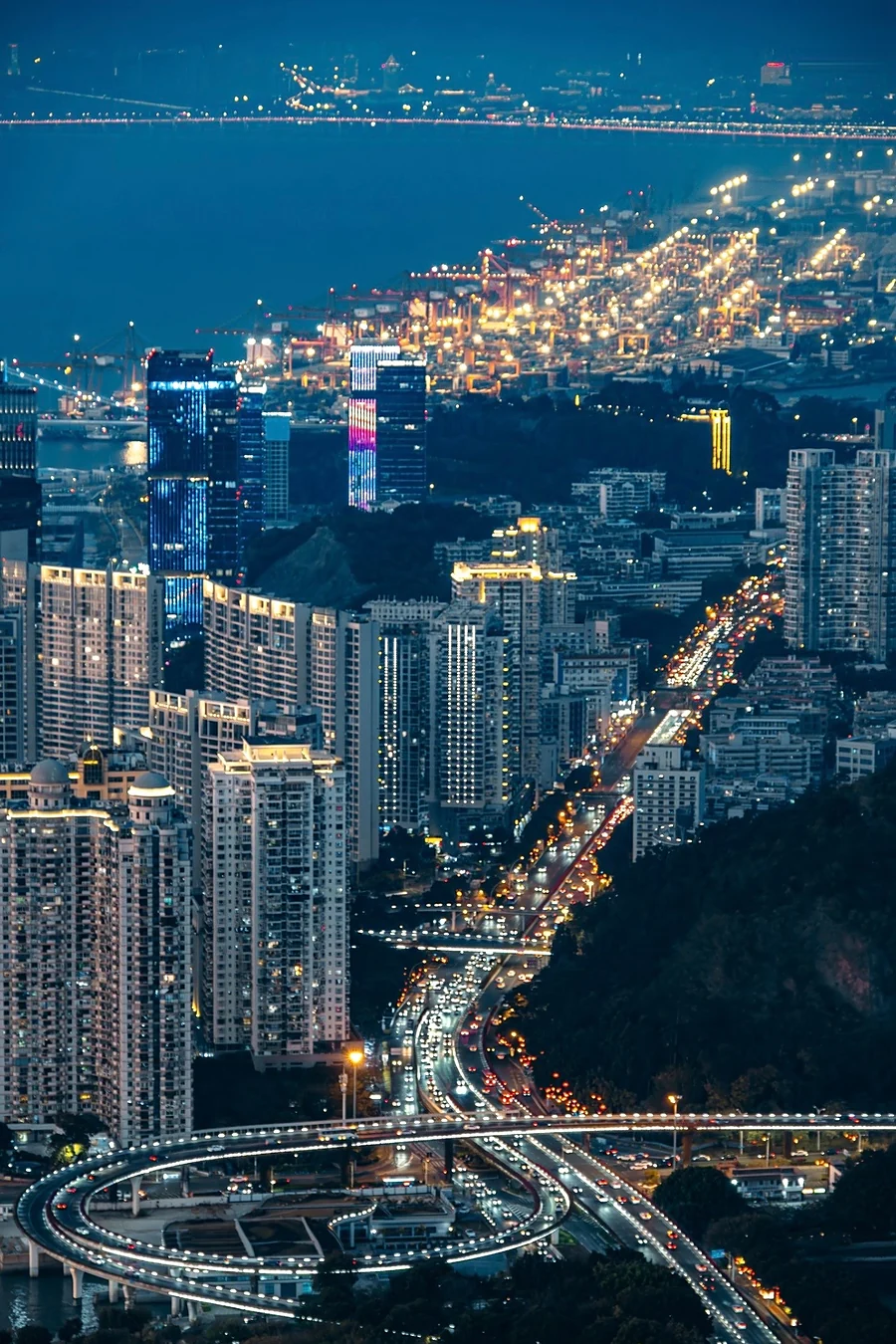 Xiamen at night — the harbour, the port lights and the ring interchange